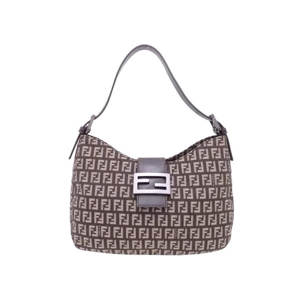 Fendi Shoulder Bag Zuccini Canvas Leather Brown Beige